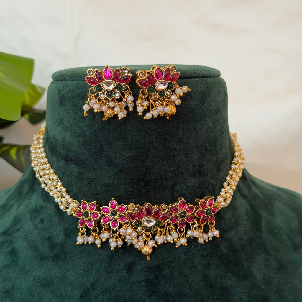 Ruby Lotus Necklace AN183 Anvika Jewels