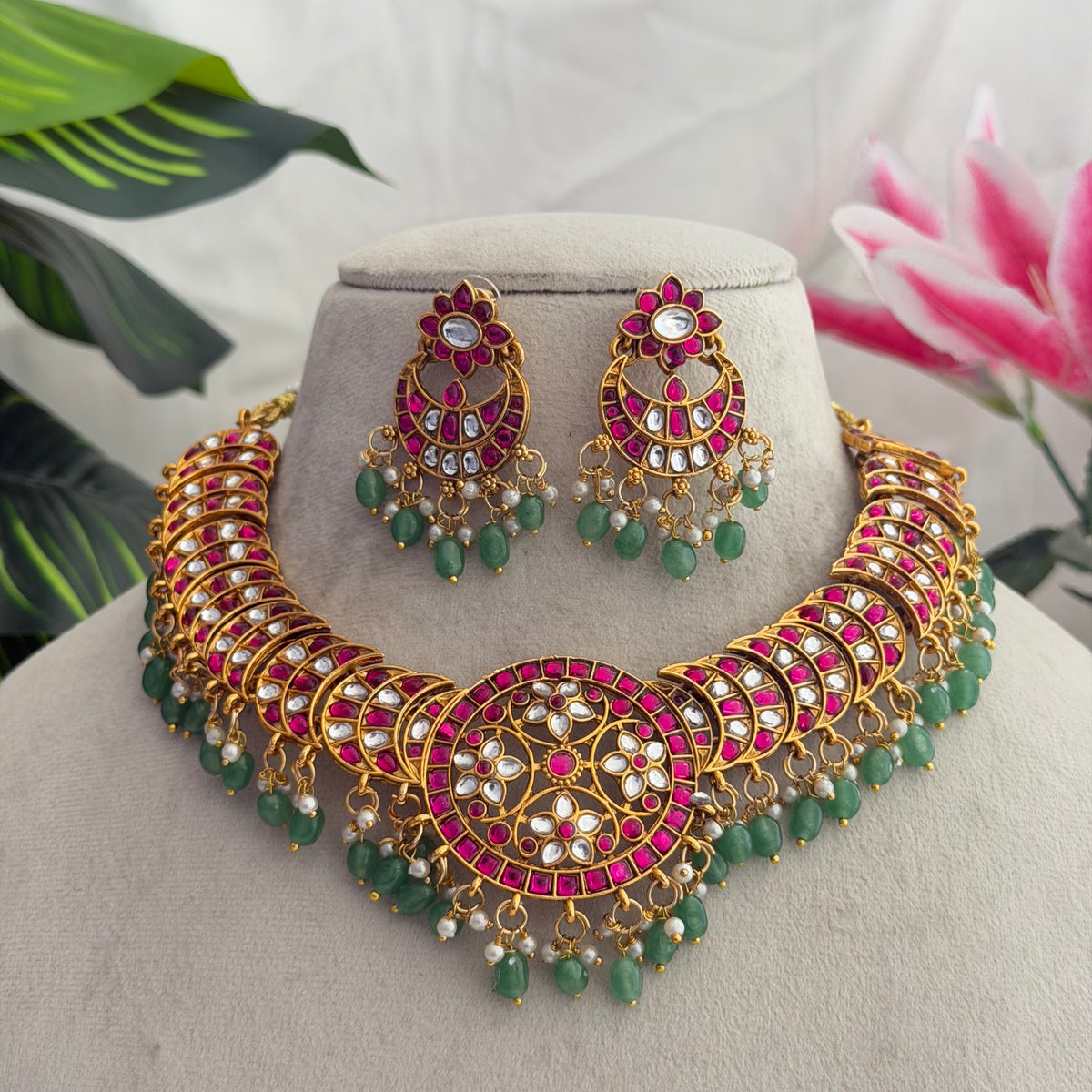 Ruby Kundan Green Beads Necklace AN271 Anvika Jewels