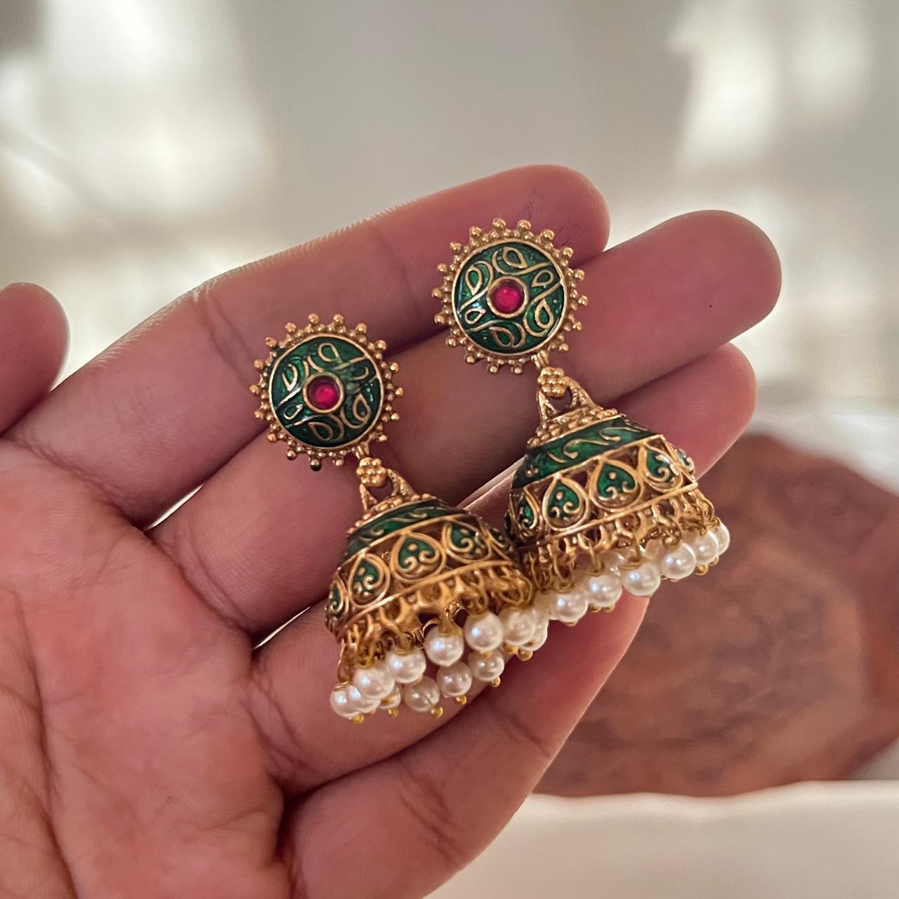 Antique Meenakari Green Jhumka AJ18