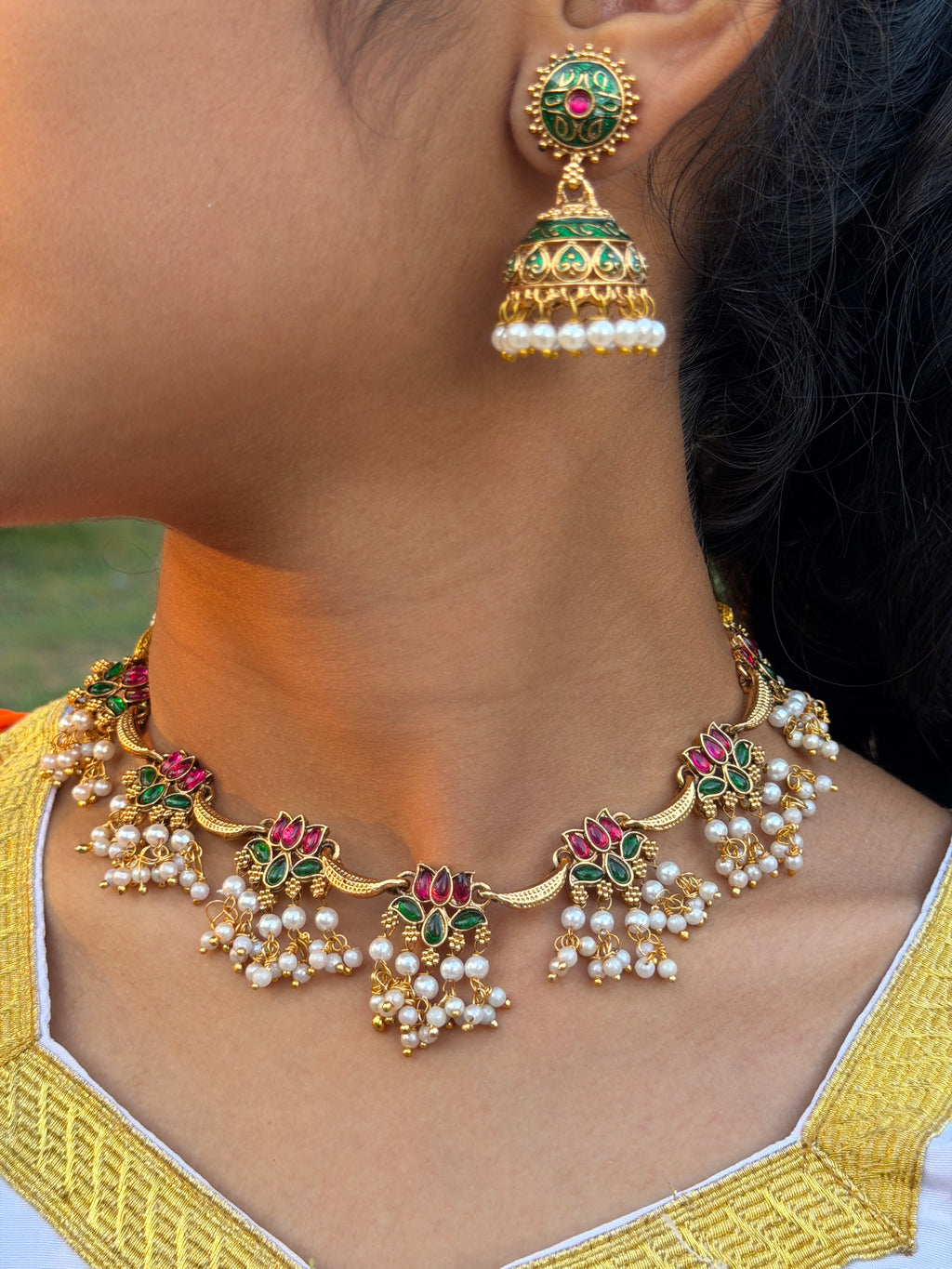 Floral Pearl Drop Choker AN68 Anvika Jewels