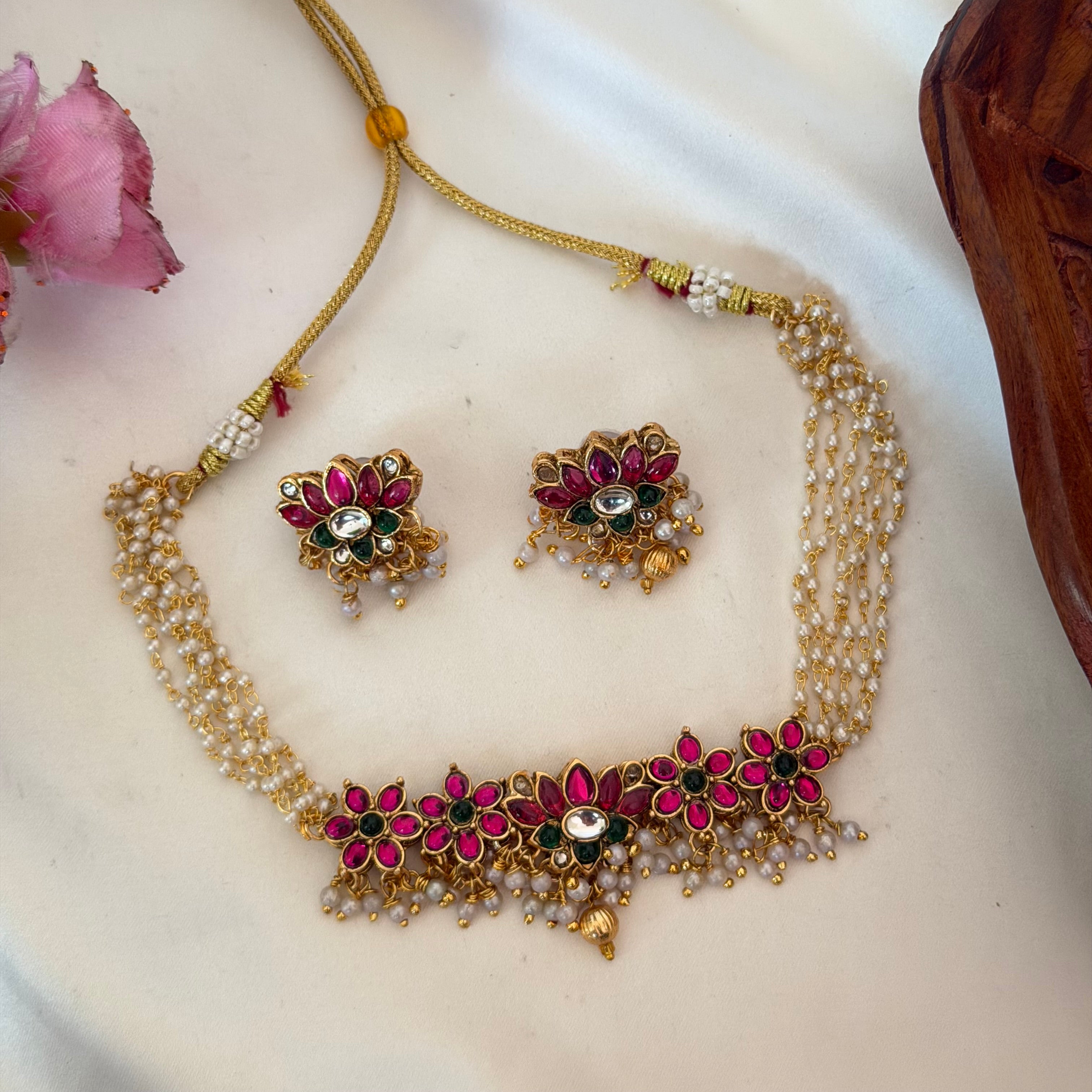 Ruby Lotus Necklace AN183 Anvika Jewels