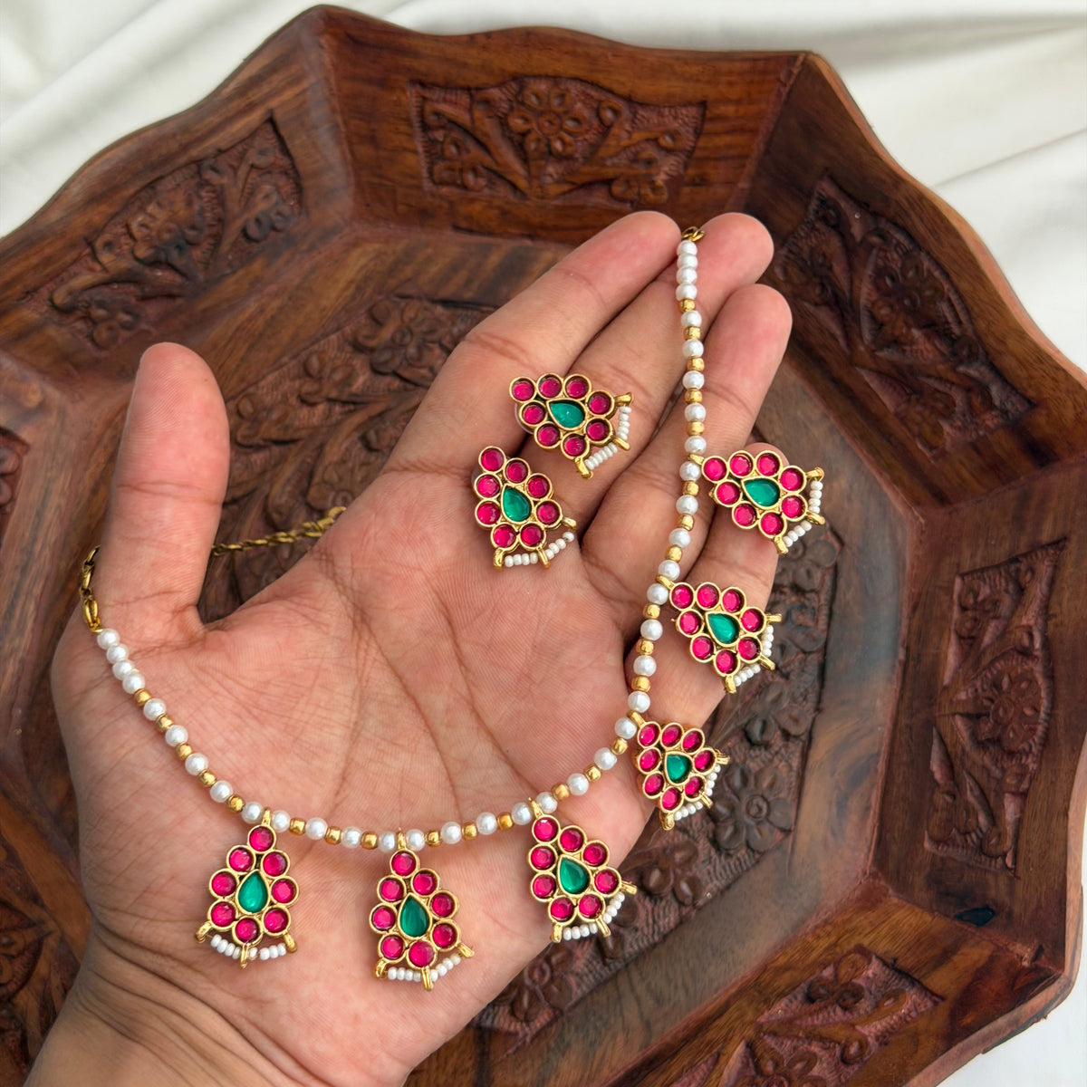 Ruby Floral Necklace AN281 Anvika Jewels