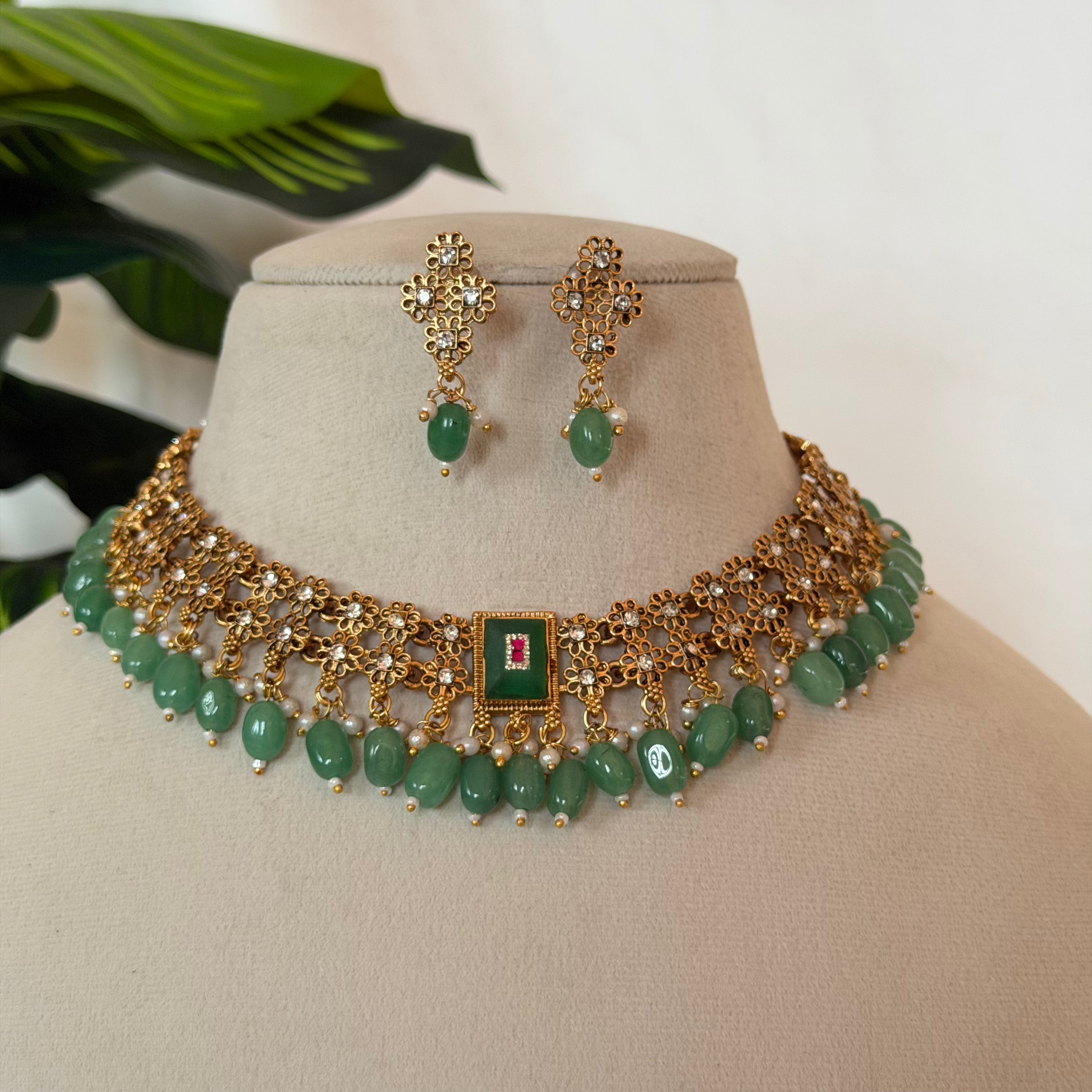 Green Stone Necklace Set AN37 Anvika Jewels