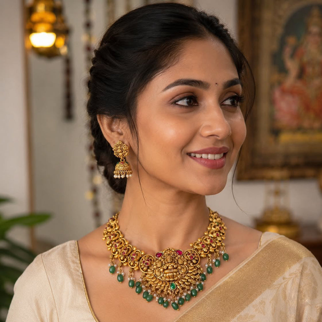 Premium Lakshmi Green Bead Necklace AN150 Anvika Jewels