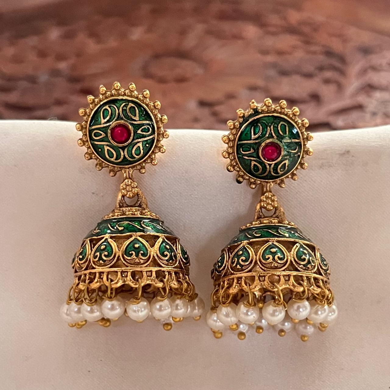 Antique Meenakari Green Jhumka AJ18