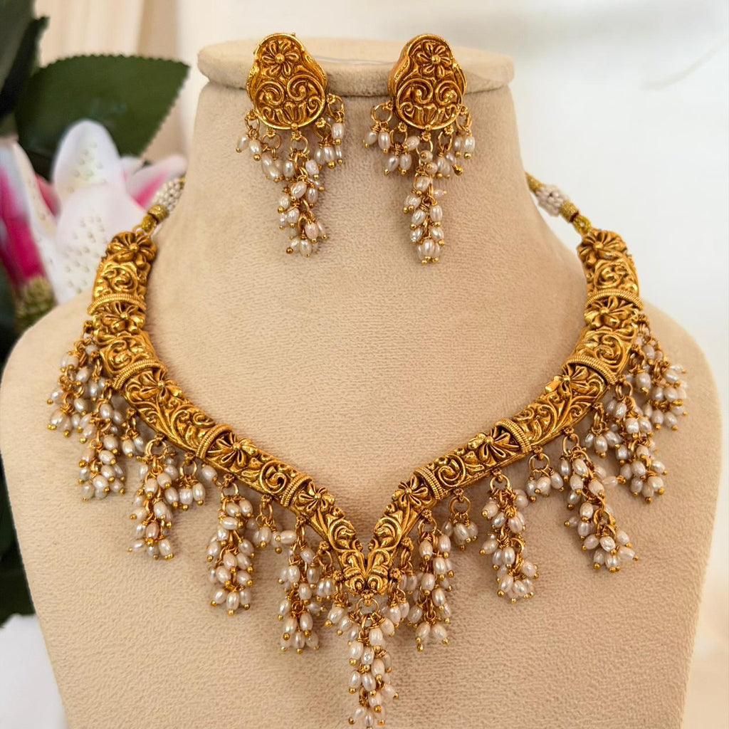 Antique Pearl Floral Necklace AN109 Anvika Jewels