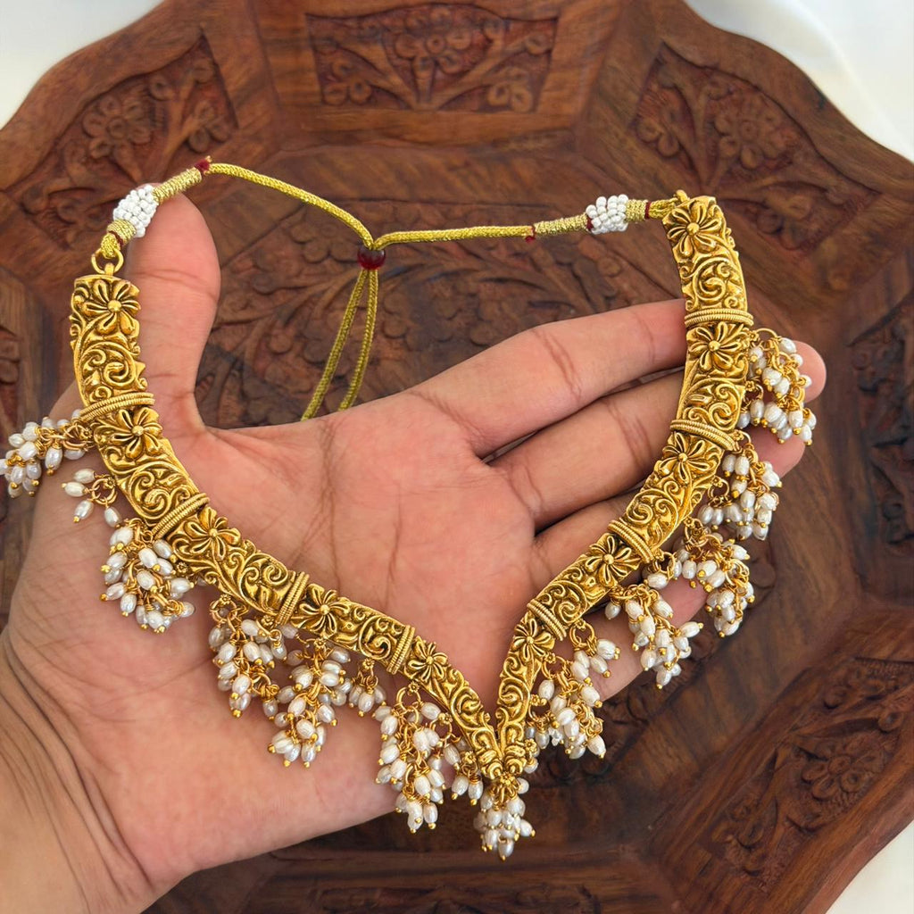 Antique Pearl Floral Necklace AN109 Anvika Jewels
