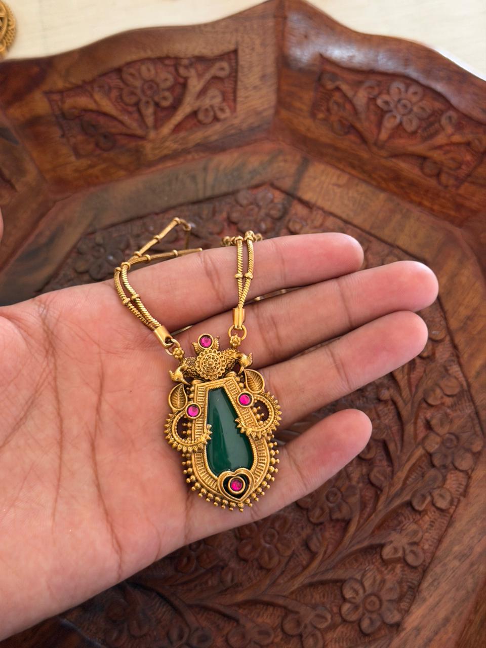 Antique Green Stone Pendant AN140 Anvika Jewels