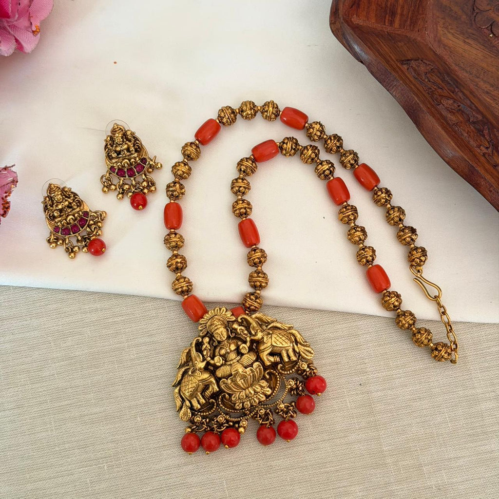 Orange Beads Lakshmi Pendant Anvika Jewels