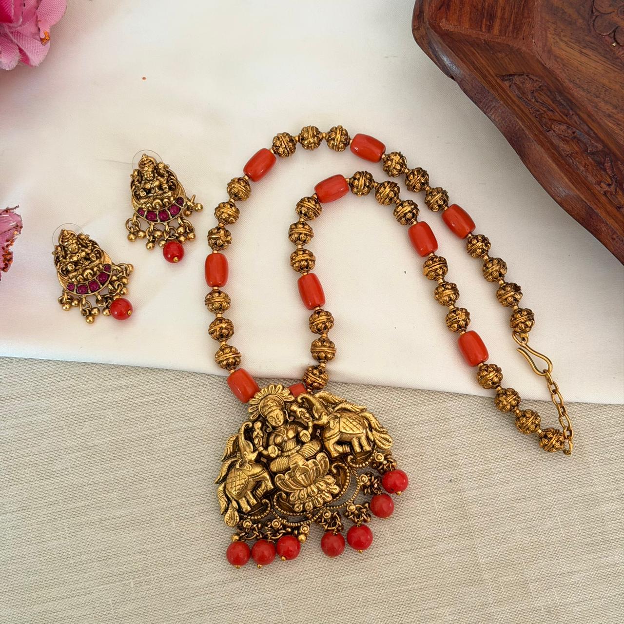 Orange Beads Lakshmi Pendant Anvika Jewels