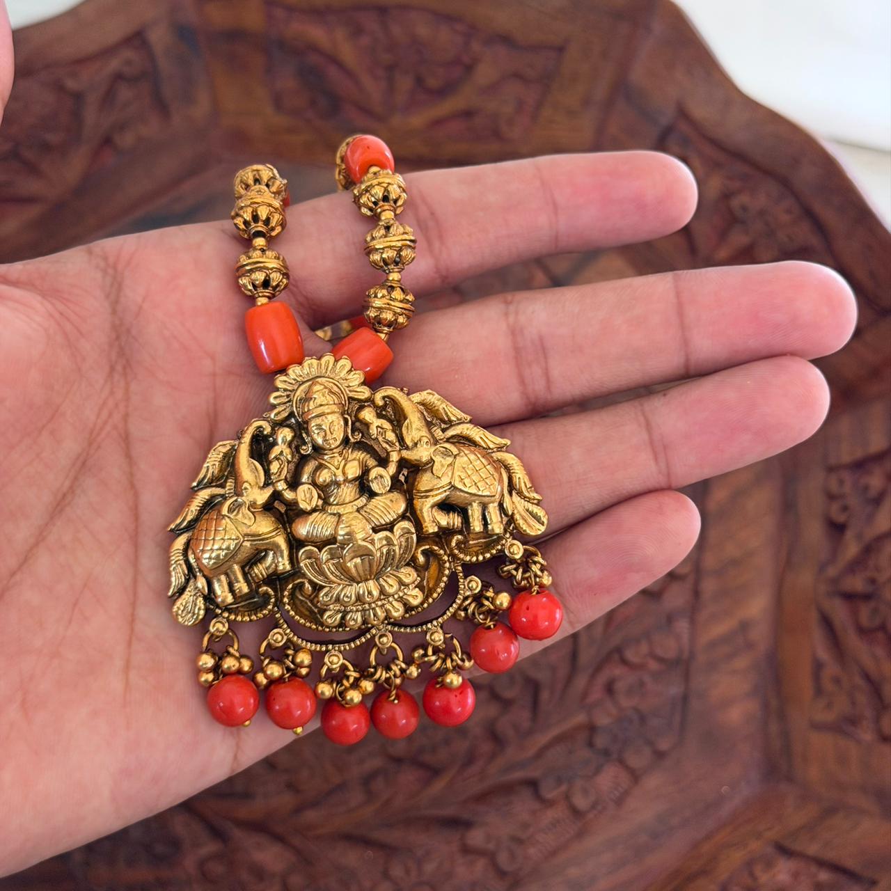 Orange Beads Lakshmi Pendant Anvika Jewels